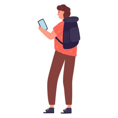College student with backpack holding smartphone, flat vector illustration isolated on white background. Young man using mobile phone or taking photo. High school student with phone.
