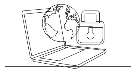 one line drawing of laptop computer with earth globe and lock as business concept of global syber security - PNG image with transparent background