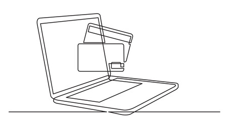 one line drawing of laptop computer with credit cards as business concept of online shopping - PNG image with transparent background