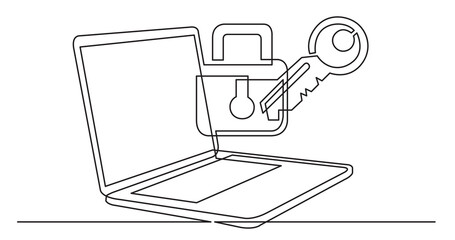 one line drawing of laptop computer with lock and key as business concept of cyber security - PNG image with transparent background