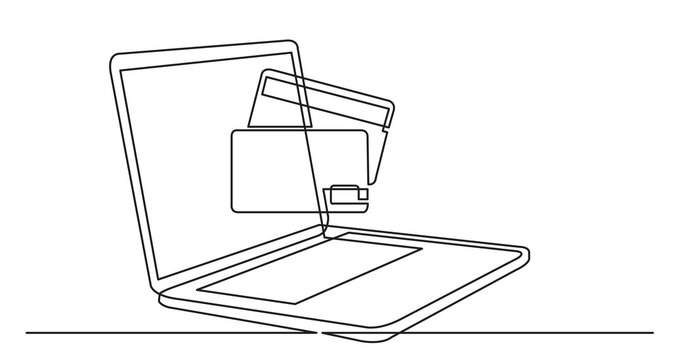 one line drawing of laptop computer with credit cards as business concept of online shopping - PNG image with transparent background