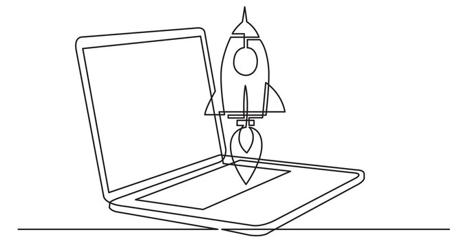 one line drawing of laptop computer with rocket launch as business concept of startup - PNG image with transparent background