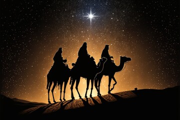 Star of Bethlehem wise men traveling in the desert on camels at night, Generative AI