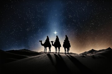 Star of Bethlehem wise men traveling in the desert on camels at night, Generative AI
