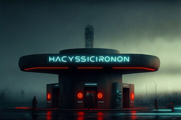 Neon gas starion in the night. Neon cyberpunk or travel concept with dark gas station shop. Generative AI.