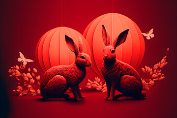Fototapeta na wymiar Celebrating the Lunar New Year: Rabbits and Chinese Lanterns, chinese new year 2023, Generative AI
