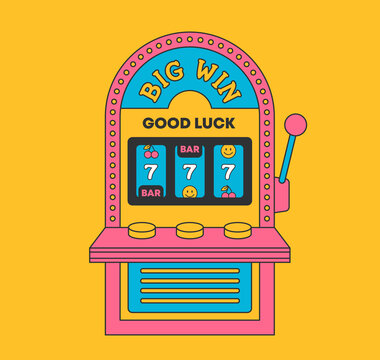 Slot machine with lucky seven jackpot. Casino game win. Gambling item. Big prize concept. One arm bandit. Roulette banner. Glowing lamp. line art. Retro flat style. Cartoon vector design illustration.