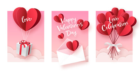 Happy Valentine&rsquo;s Day Illustration of love with heart, gift, email, balloon and cloud background. Paper cut style. Vector illustration