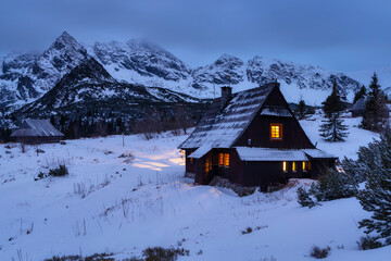 Winter on Hala Gasienicowa in the Tatra Mountains at dusk, Poland.