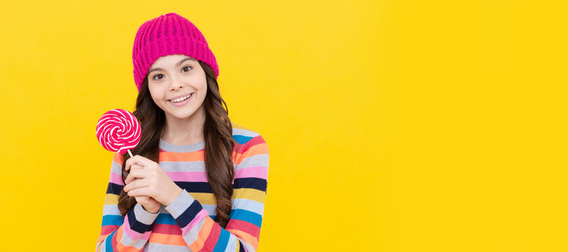 Lollipop Lady. Hipster Kid With Colorful Lollypop Sugar Candy On Stick. Caramel Candy Shop. Teenager Child With Sweets, Poster Banner Header, Copy Space.