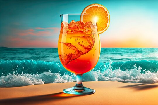 Bright Orange Beach Cocktail In Glass Against Background Of Sea Waves