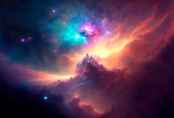 Fototapeta premium Dramatic and beautiful space background. Nebula blast. Multicolored space clouds. Science fiction backdrop. Fantastic cosmic wallpaper. Generative AI illustration.