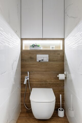 Toilet bowl near shower stall in modern bathroom interior