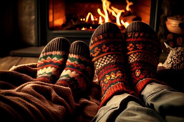 Feet in woolen socks by the Warm Christmas fireplace
generative ai