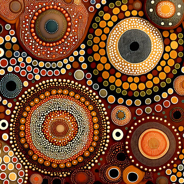 Aboriginal dot art, textile pattern print, earthy colors Generative AI
