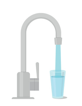 Water Tap With Glass. Filling Cup Beverage. Vector Illustration.