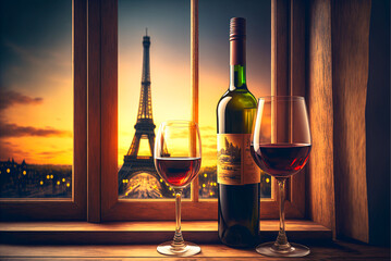 Glass of wine and bottle with view on Eiffel Tower, Paris, France - Glasses  - AI Generated
