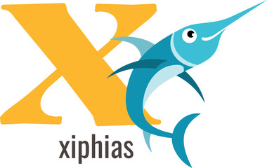 X letter card. Xiphias animal english alphabet