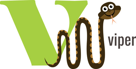V letter card. Viper animal alphabet vocabulary