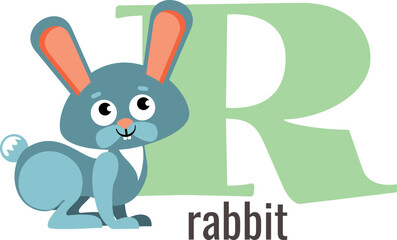 R letter card. Cartoon rabbit alphabet word