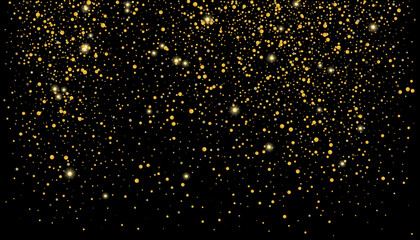 Gold glitter confetti on a black background. Shiny particles scattered, sand. Decorative element. Luxury background for your design, cards, invitations, vector