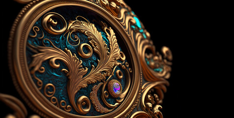 Incredibly detailed, macro close up of an ornate gold and blue pocket watch with beautiful filigree detail and a small inset gem. Short depth of field. Generative AI. 