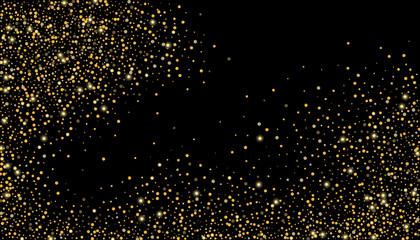 Gold glitter confetti on a black background. Shiny particles scattered, sand. Decorative element. Luxury background for your design, cards, invitations, vector