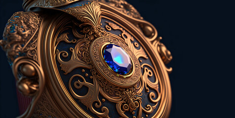 Incredibly detailed, macro close up of an ornate gold and navy blue pocket watch with beautiful filigree detail and a large blue inset sapphire. Short depth of field. Generative AI. 