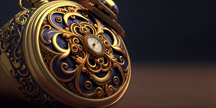 Incredibly detailed, macro close up of an ornate gold and blue pocket watch with a small inset dial and beautiful filigree detail. Short depth of field. Generative AI. 