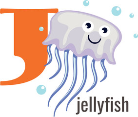 J letter with jellyfish. English vocabulary card