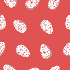 Pattern seamless painted eggs with patterns, red ornaments. Easter Holiday Decor. Vector illustration.