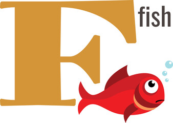 F letter icon. Fish on cartoon alphabet card