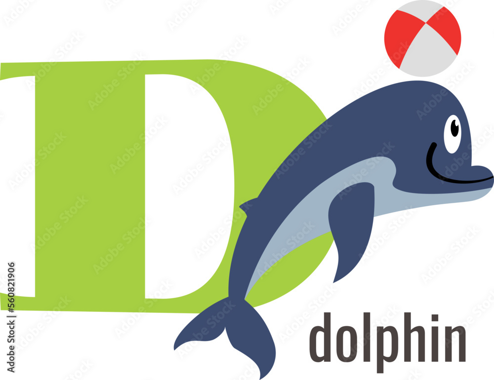 Poster D alphabet card. Dolphin letter symbol. Cartoon vocabulary