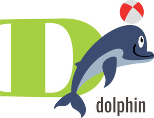 D alphabet card. Dolphin letter symbol. Cartoon vocabulary