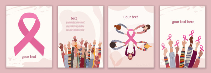 Breast cancer survival prevention concept. Group of different culture female hands holding a pink ribbon.Template. Solidarity and support for women fighting breast cancer.Cancer survivor