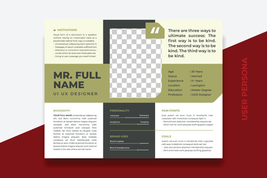 User Persona Document Template Vector Illustration. Examples of User Personas template. Persona Document. Persona Template for UI UX designer. User Persona vector horizontal template with double color