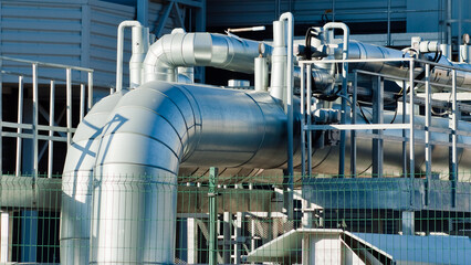 construction of metal pipes at the heating station close-up