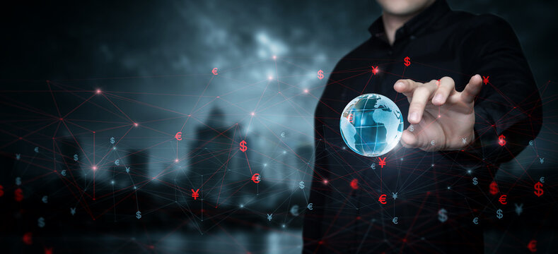 Businessman works on international currency exchanges network .