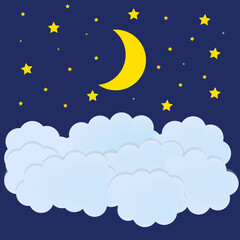 Fototapeta na wymiar Night Sky, Cartoon Illustration, Paper Art Style Background, Bright Yellow Moon, Stars and Clouds Shining on Dark Blue Backdrop.