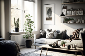 Modern living room interior with minimalist scandinavian design. Designed using generative ai.  - obrazy, fototapety, plakaty