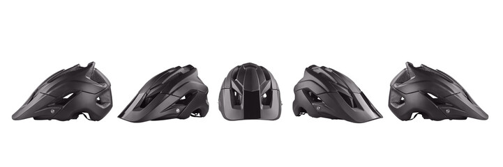 Black bicycle helmet five views se. Isolated png with transparency