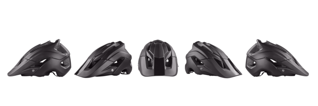 Black bicycle helmet five views se. Isolated png with transparency
