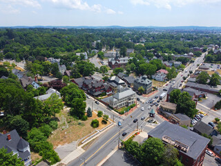 Methuen downtown aerial view at Pleasant Street and Broadway in historic city center of Methuen,...