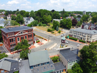 Methuen downtown aerial view at Pleasant Street and Broadway in historic city center of Methuen,...