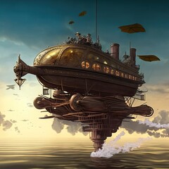 Fototapeta na wymiar Incredible Major Steampunk balloon floating above water surface. Illustrations Generative AI.