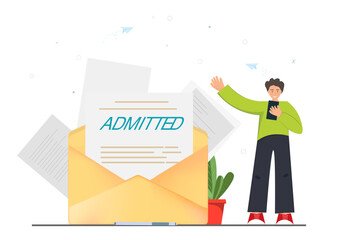 Person opens e-mail with admitting the documents, receiving positive answer, getting incoming letter by e-mail with admitted documents, hiring people on work concept, flat vector illustration