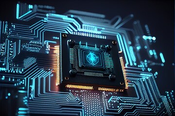 Microchip or microprocessor, hardware engineering. Futuristic microchip processor with lights on the blue background. Quantum computer, large data processing, database concept. Future technology, ai