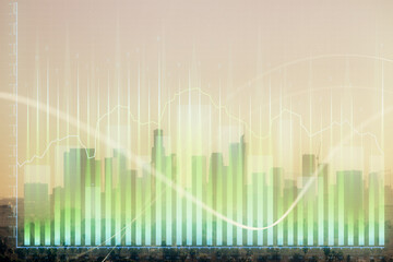 Forex chart on cityscape with skyscrapers wallpaper double exposure. Financial research concept.