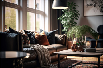 Fototapeta premium Modern living room interior with minimalist scandinavian design. Designed using generative ai. 