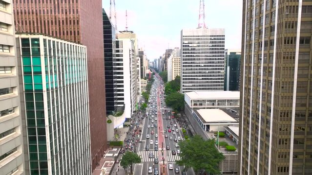 aerial view of paulista avenue in s&atilde;o paulo with many buildings and towers